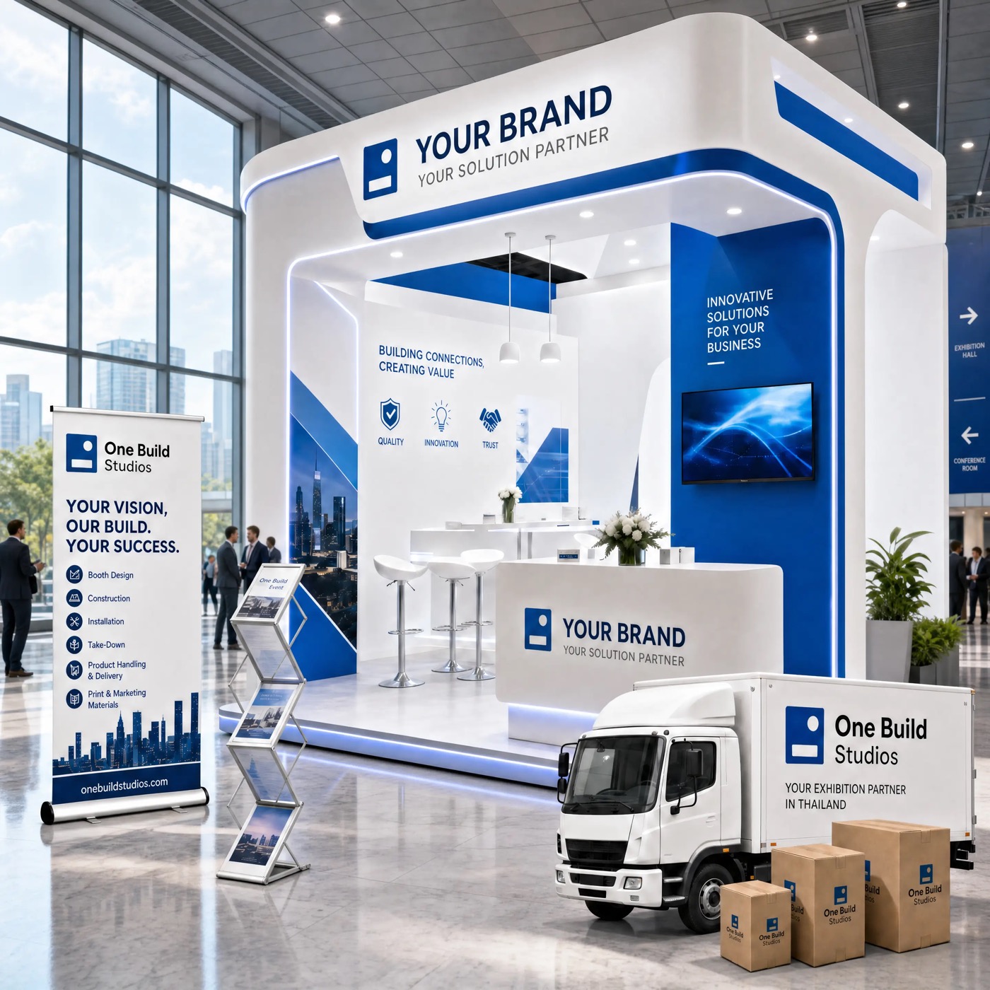 One Build Studios exhibition booth build, branded materials, and delivery truck